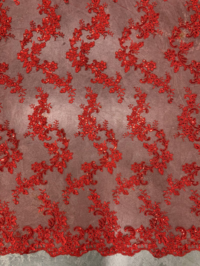 Cristina RED Polyester Floral Embroidery with Sequins on Mesh Lace Fabric by the Yard for Gown, Wedding, Bridesmaid, Prom - 10076