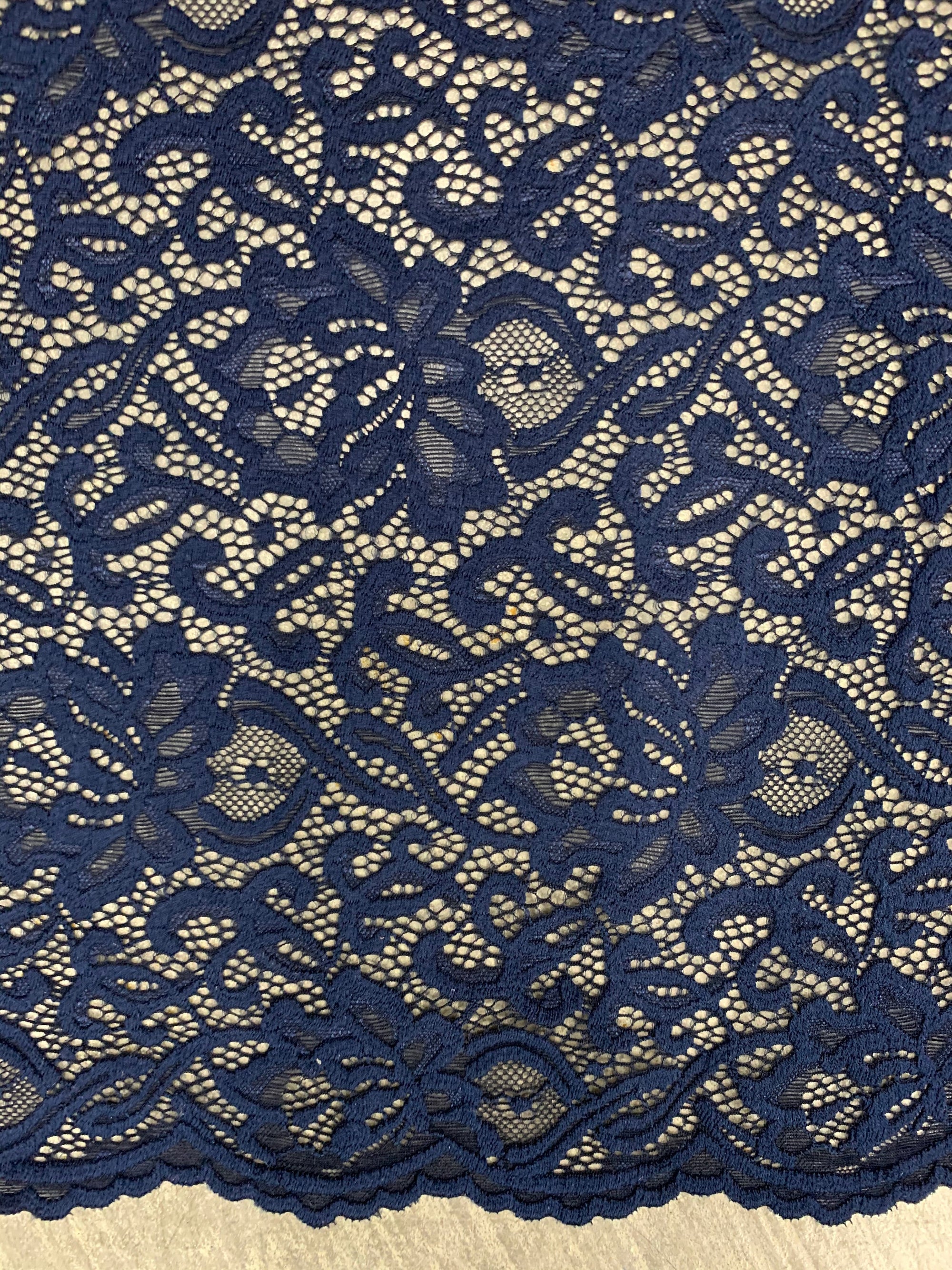 Elaine NAVY BLUE Floral Scalloped Nylon Spandex Stretch Lace Light Weight Fabric for Clothes, Lingerie, Costumes, Decorations, Crafts