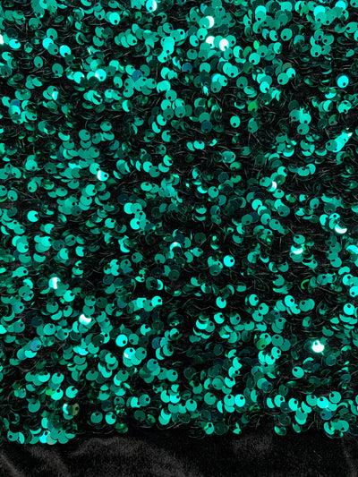Stephanie TEAL GREEN Overlap Sequins on BLACK Stretch Velvet Fabric by the Yard for Gowns, Apparel, Costumes, Crafts - 10185