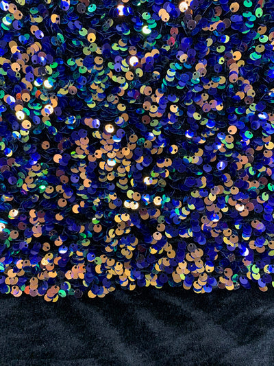 Stephanie MULTI COLORED Overlap Sequins on BLACK Stretch Velvet Fabric by the Yard for Gowns, Apparel, Costumes, Crafts - 10185