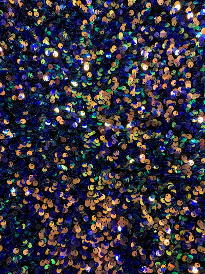 Stephanie MULTI COLORED Overlap Sequins on BLACK Stretch Velvet Fabric by the Yard for Gowns, Apparel, Costumes, Crafts - 10185