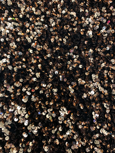 Stephanie BRONZE Overlap Sequins on BLACK Stretch Velvet Fabric by the Yard for Gowns, Apparel, Costumes, Crafts - 10185