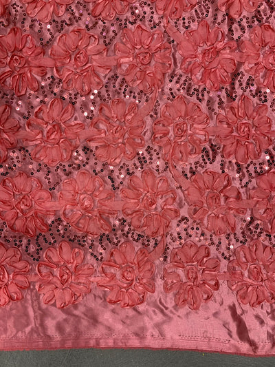 Allie CORAL 3D Floral Polyester Satin Rosette with Sequins Fabric by the Yard - 10051