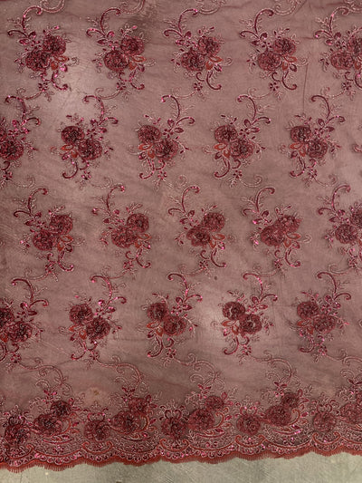 Ryleigh BURGUNDY 3D Floral Embroidery with Foil & Sequins on Mesh Lace Fabric by the Yard - 10010
