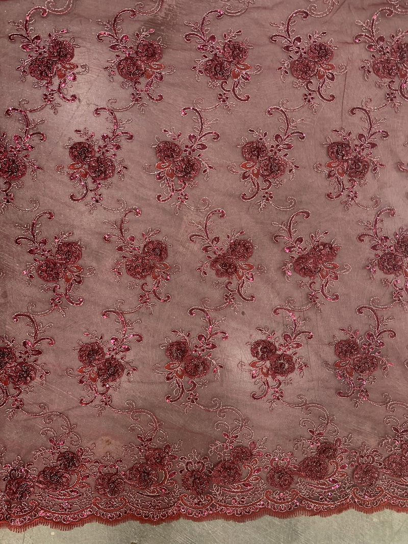 Ryleigh BURGUNDY 3D Floral Embroidery with Foil & Sequins on Mesh Lace Fabric by the Yard - 10010