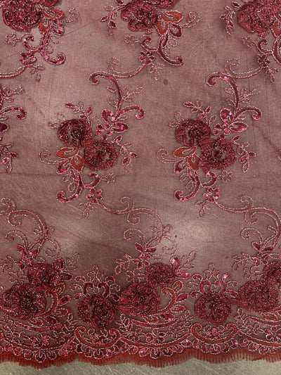 Ryleigh BURGUNDY 3D Floral Embroidery with Foil & Sequins on Mesh Lace Fabric by the Yard - 10010