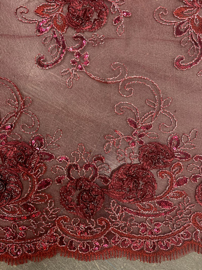 Ryleigh BURGUNDY 3D Floral Embroidery with Foil & Sequins on Mesh Lace Fabric by the Yard - 10010