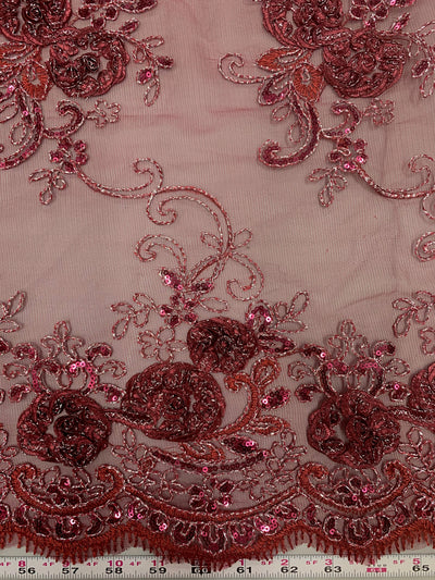 Ryleigh BURGUNDY 3D Floral Embroidery with Foil & Sequins on Mesh Lace Fabric by the Yard - 10010