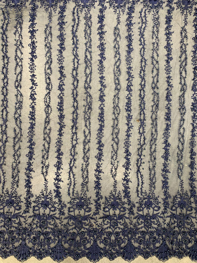 Daphne NAVY BLUE Faux Pearls Beaded Flowers and Vines Lace Embroidery on Mesh Fabric by the Yard - 10103