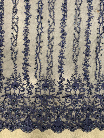 Daphne NAVY BLUE Faux Pearls Beaded Flowers and Vines Lace Embroidery on Mesh Fabric by the Yard - 10103