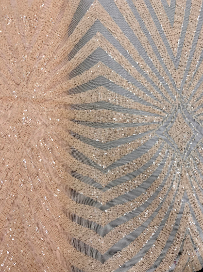 Maia BLUSH PEACH Geometric Sequins on Mesh Lace Fabric by the Yard - 10138