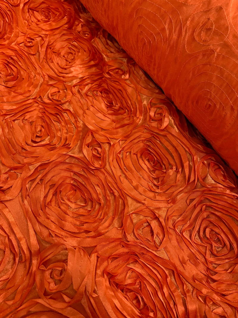 Paige ORANGE 3D Floral Polyester Satin Rosette Fabric by the Yard - 10028