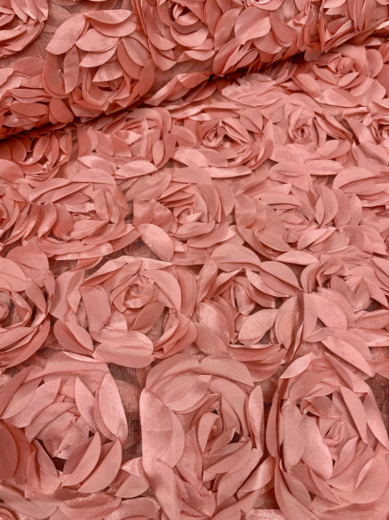 Maci DUSTY ROSE 3-D Floral Polyester Satin Rosette on Mesh Fabric by the Yard - 10057