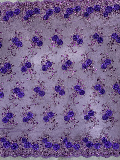 Ryleigh PURPLE 3D Floral Embroidery with Foil & Sequins on Mesh Lace Fabric by the Yard - 10010