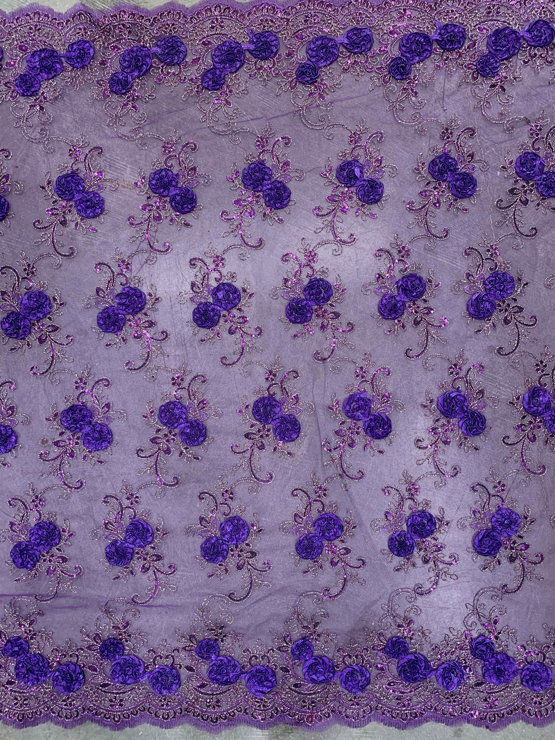 Ryleigh PURPLE 3D Floral Embroidery with Foil & Sequins on Mesh Lace Fabric by the Yard - 10010