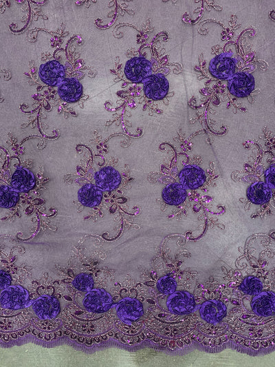 Ryleigh PURPLE 3D Floral Embroidery with Foil & Sequins on Mesh Lace Fabric by the Yard - 10010