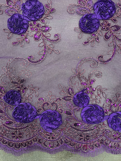 Ryleigh PURPLE 3D Floral Embroidery with Foil & Sequins on Mesh Lace Fabric by the Yard - 10010