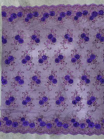 Ryleigh PURPLE 3D Floral Embroidery with Foil & Sequins on Mesh Lace Fabric by the Yard - 10010