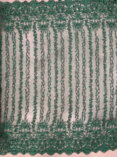 Daphne HUNTER GREEN Faux Pearls Beaded Flowers and Vines Lace Embroidery on Mesh Fabric by the Yard - 10103
