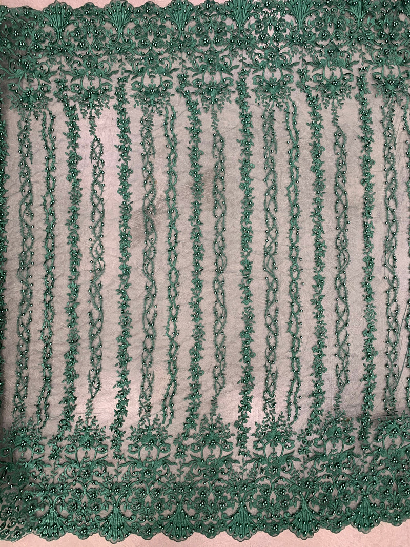 Daphne HUNTER GREEN Faux Pearls Beaded Flowers and Vines Lace Embroidery on Mesh Fabric by the Yard - 10103