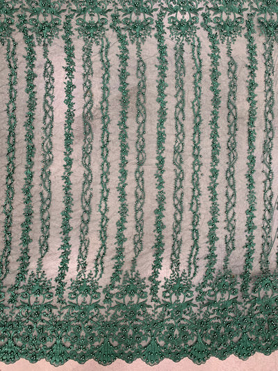 Daphne HUNTER GREEN Faux Pearls Beaded Flowers and Vines Lace Embroidery on Mesh Fabric by the Yard - 10103