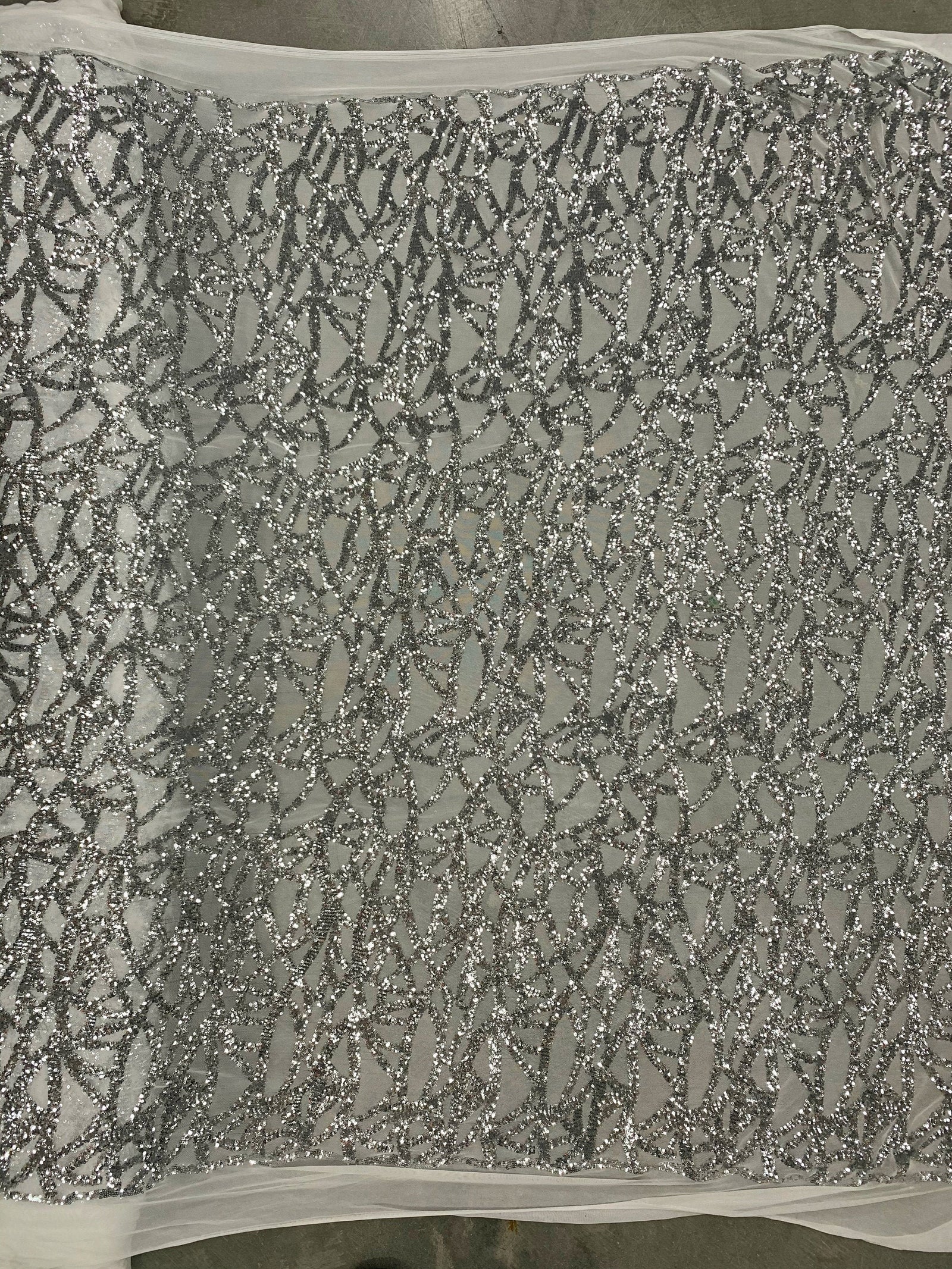 Celeste SILVER Sequins on WHITE Mesh Lace Fabric by the Yard - 10134