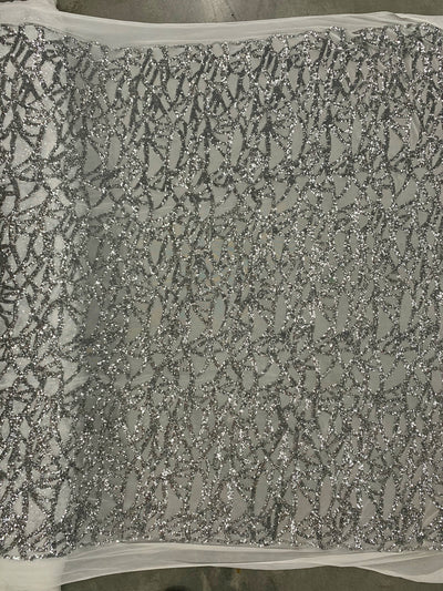 Celeste SILVER Sequins on WHITE Mesh Lace Fabric by the Yard - 10134