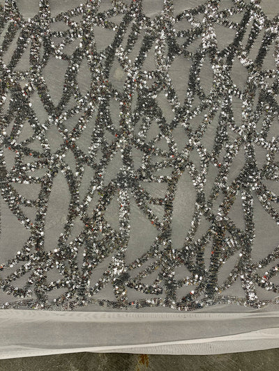 Celeste SILVER Sequins on WHITE Mesh Lace Fabric by the Yard - 10134