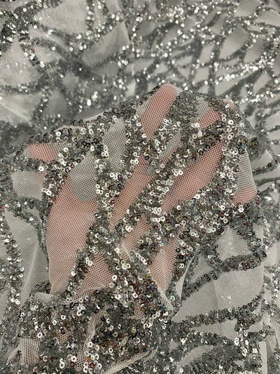 Celeste SILVER Sequins on WHITE Mesh Lace Fabric by the Yard - 10134