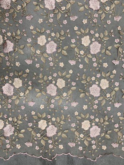 Iris DUSTY PINK CHAMPAGNE Floral and Leaves Embroidery on Mesh Lace Fabric by the Yard - 10006