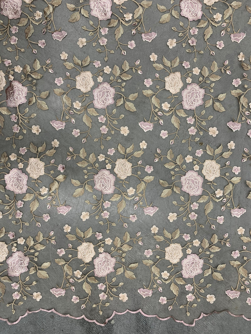 Iris DUSTY PINK CHAMPAGNE Floral and Leaves Embroidery on Mesh Lace Fabric by the Yard - 10006