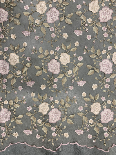 Iris DUSTY PINK CHAMPAGNE Floral and Leaves Embroidery on Mesh Lace Fabric by the Yard - 10006