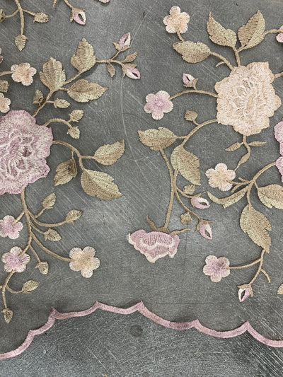 Iris DUSTY PINK CHAMPAGNE Floral and Leaves Embroidery on Mesh Lace Fabric by the Yard - 10006