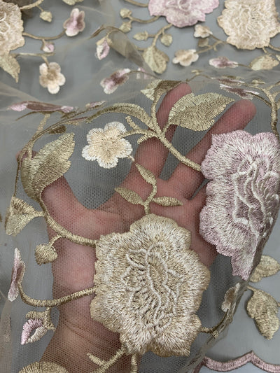 Iris DUSTY PINK CHAMPAGNE Floral and Leaves Embroidery on Mesh Lace Fabric by the Yard - 10006