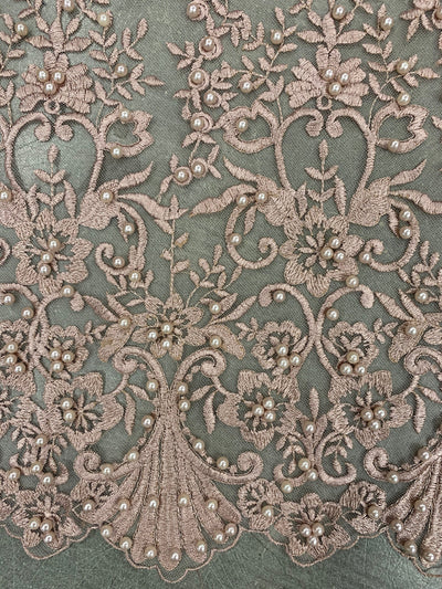 Daphne DUSTY ROSE Faux Pearls Beaded Flowers and Vines Lace Embroidery on Mesh Fabric by the Yard - 10103