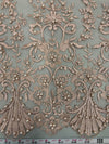 Daphne DUSTY ROSE Faux Pearls Beaded Flowers and Vines Lace Embroidery on Mesh Fabric by the Yard - 10103