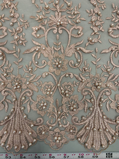 Daphne DUSTY ROSE Faux Pearls Beaded Flowers and Vines Lace Embroidery on Mesh Fabric by the Yard - 10103