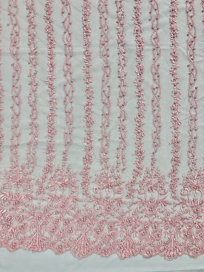 Daphne PINK Faux Pearls Beaded Flowers and Vines Lace Embroidery on Mesh Fabric by the Yard - 10103