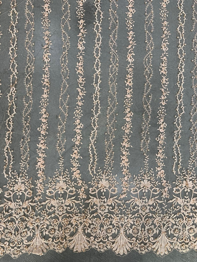 Daphne PEACH Faux Pearls Beaded Flowers and Vines Lace Embroidery on Mesh Fabric by the Yard - 10103