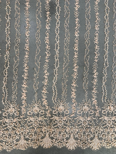 Daphne PEACH Faux Pearls Beaded Flowers and Vines Lace Embroidery on Mesh Fabric by the Yard - 10103
