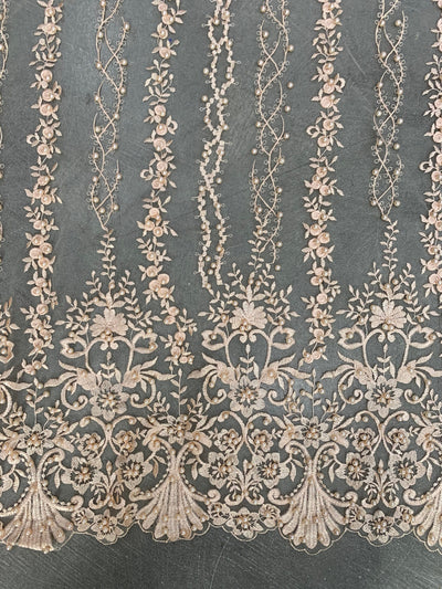 Daphne PEACH Faux Pearls Beaded Flowers and Vines Lace Embroidery on Mesh Fabric by the Yard - 10103
