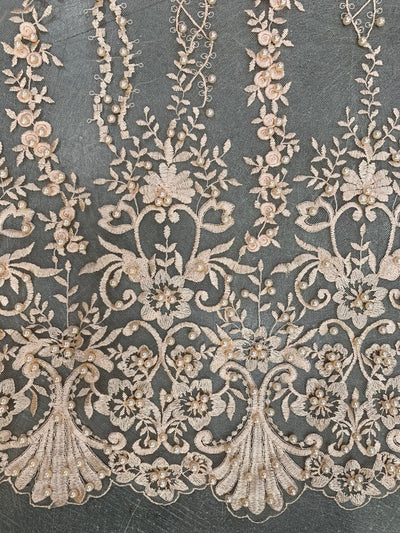 Daphne PEACH Faux Pearls Beaded Flowers and Vines Lace Embroidery on Mesh Fabric by the Yard - 10103