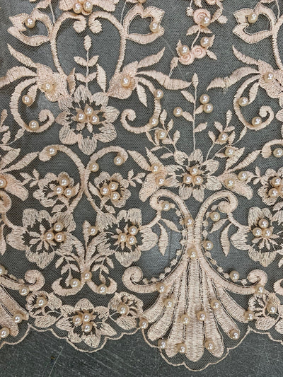 Daphne PEACH Faux Pearls Beaded Flowers and Vines Lace Embroidery on Mesh Fabric by the Yard - 10103