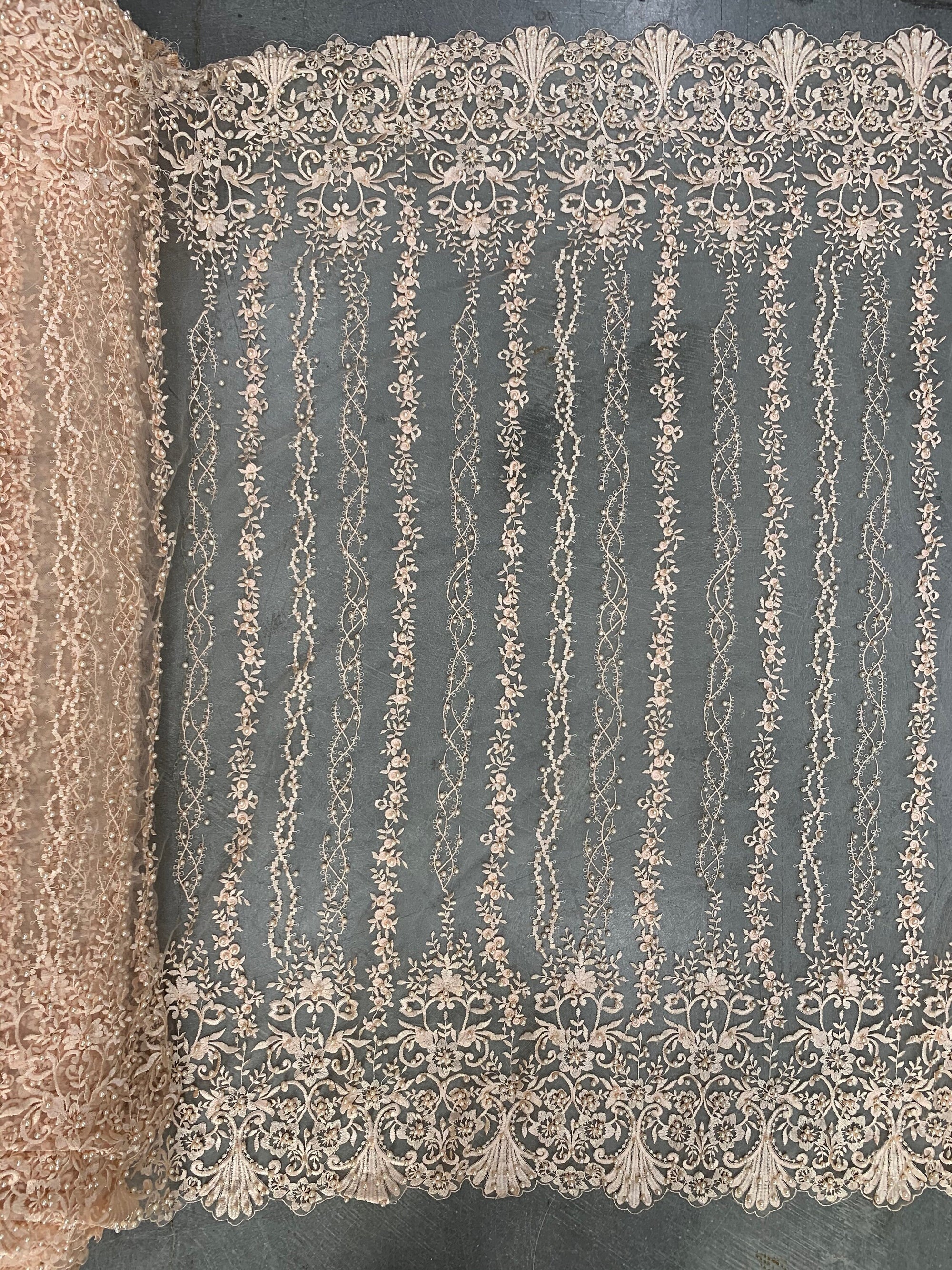 Daphne PEACH Faux Pearls Beaded Flowers and Vines Lace Embroidery on Mesh Fabric by the Yard - 10103