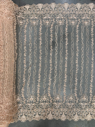 Daphne PEACH Faux Pearls Beaded Flowers and Vines Lace Embroidery on Mesh Fabric by the Yard - 10103