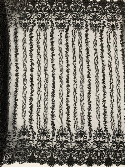 Daphne BLACK Faux Pearls Beaded Flowers and Vines Lace Embroidery on Mesh Fabric by the Yard - 10103