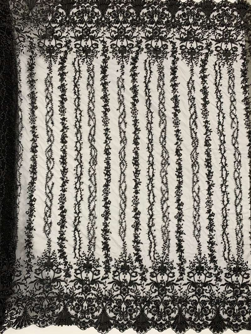 Daphne BLACK Faux Pearls Beaded Flowers and Vines Lace Embroidery on Mesh Fabric by the Yard - 10103
