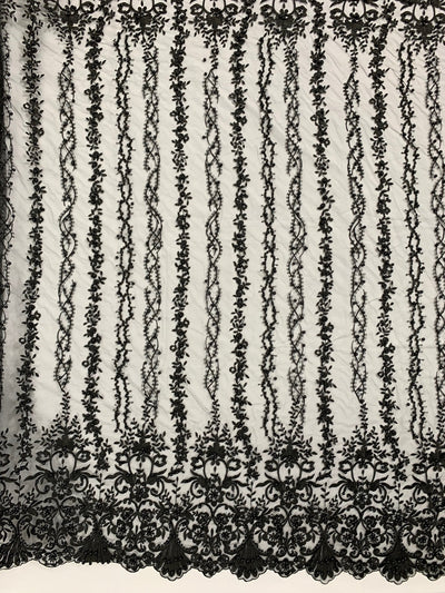 Daphne BLACK Faux Pearls Beaded Flowers and Vines Lace Embroidery on Mesh Fabric by the Yard - 10103