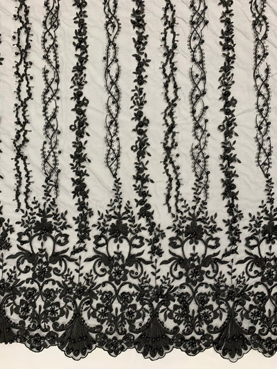 Daphne BLACK Faux Pearls Beaded Flowers and Vines Lace Embroidery on Mesh Fabric by the Yard - 10103