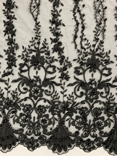 Daphne BLACK Faux Pearls Beaded Flowers and Vines Lace Embroidery on Mesh Fabric by the Yard - 10103